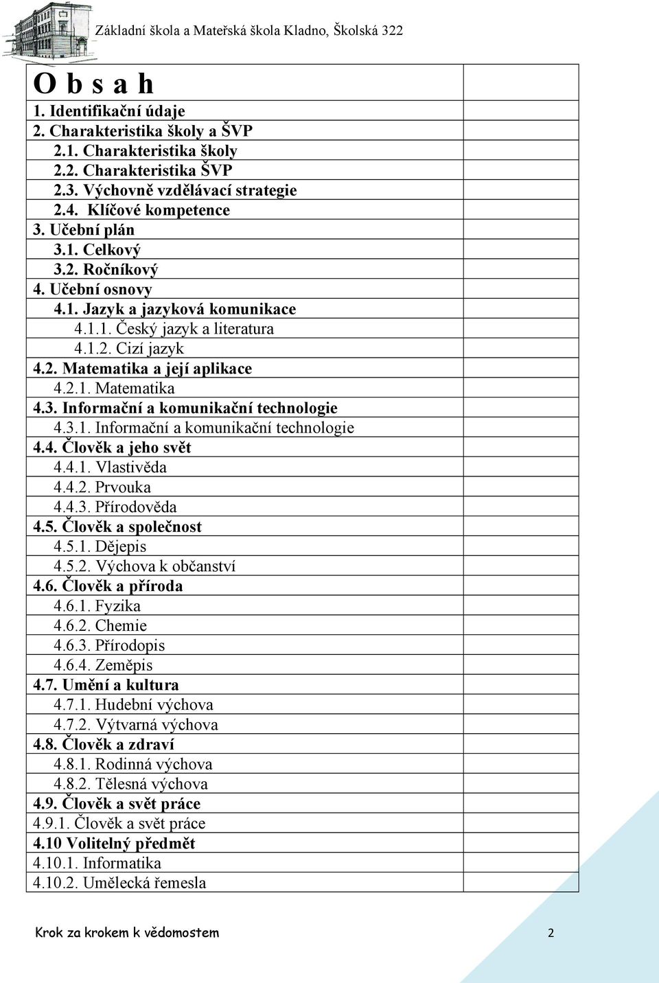 Informační a komunikační technologie 4.3.1. Informační a komunikační technologie 4.4. Člověk a jeho svět 4.4.1. Vlastivěda 4.4.2. Prvouka 4.4.3. Přírodověda 4.5. Člověk a společnost 4.5.1. Dějepis 4.