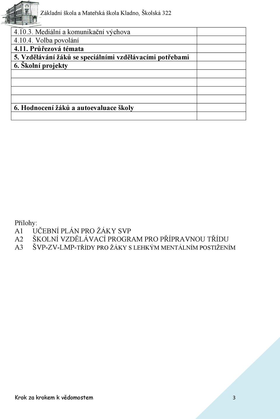 Hodnocení žáků a autoevaluace školy Přílohy: A1 UČEBNÍ PLÁN PRO ŽÁKY SVP A2 ŠKOLNÍ VZDĚLÁVACÍ