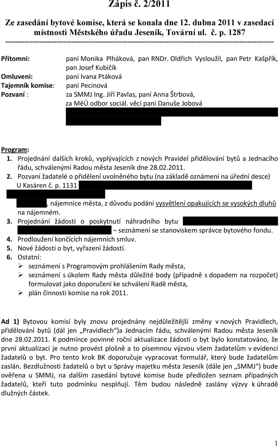 Oldřich Vysloužil, pan Petr Kašpřík, pan Josef Kubičík paní Ivana Ptáková paní Pecinová za SMMJ Ing. Jiří Pavlas, paní Anna Štrbová, za MěÚ odbor sociál. věcí paní Danuše Jobová paní J.