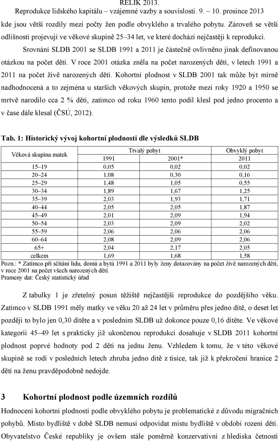 V roce 2001 otázka zněla na počet narozených dětí, v letech 1991 a 2011 na počet živě narozených dětí.