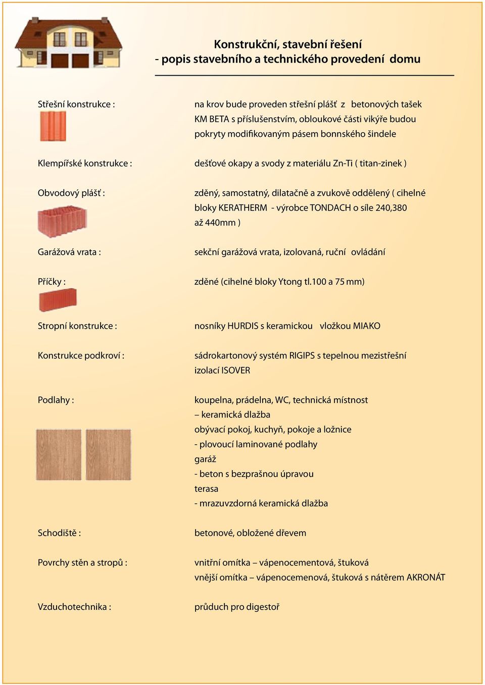 oddělený ( cihelné bloky KERATHERM - výrobce TONDACH o síle 240,380 až 440mm ) Garážová vrata : sekční garážová vrata, izolovaná, ruční ovládání Příčky : zděné (cihelné bloky Ytong tl.