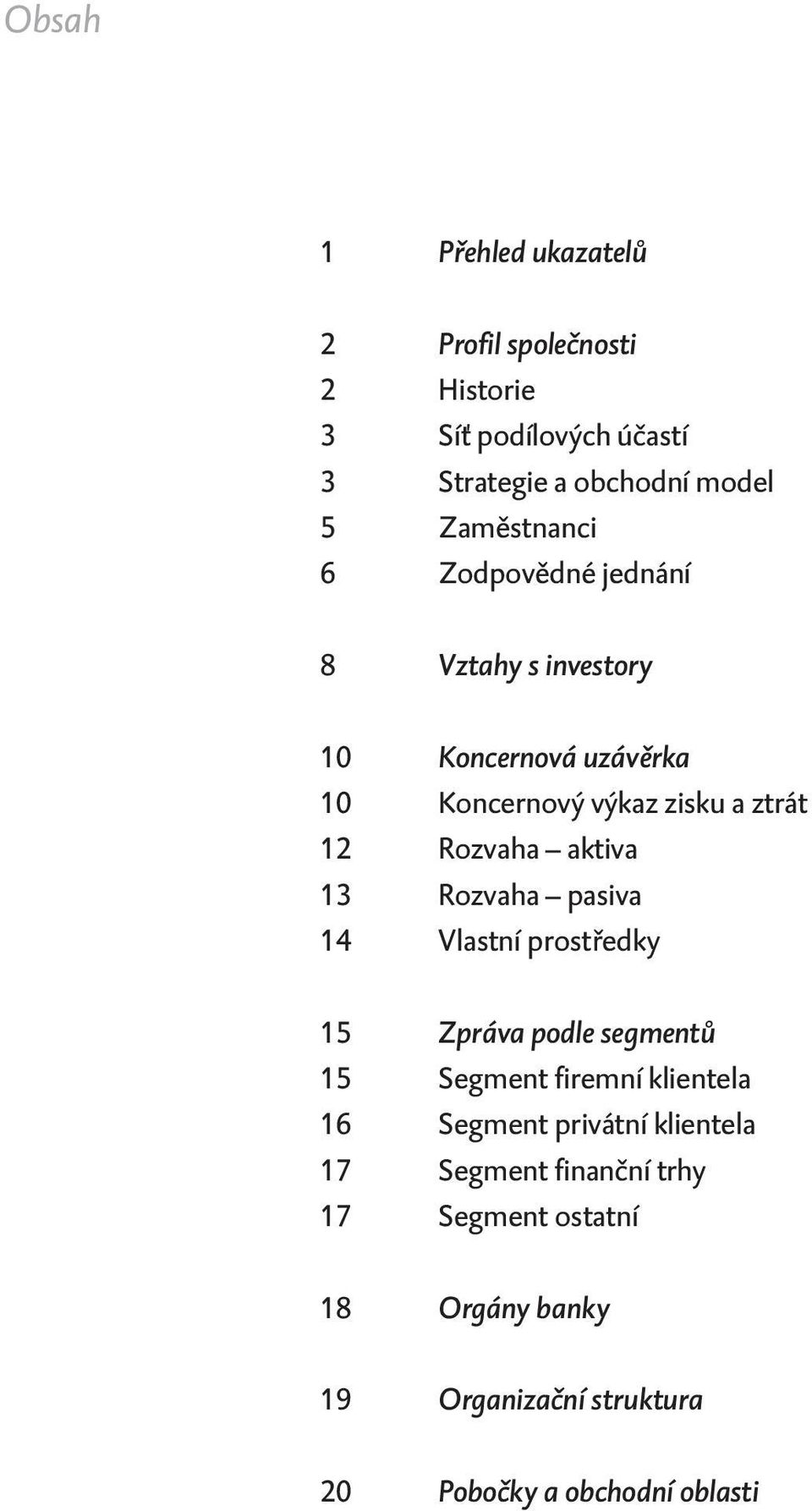 Rozvaha aktiva 1 Rozvaha pasiva 14 Vlastní prostředky 15 Zpráva podle segmentů 15 Segment firemní klientela 16 Segment