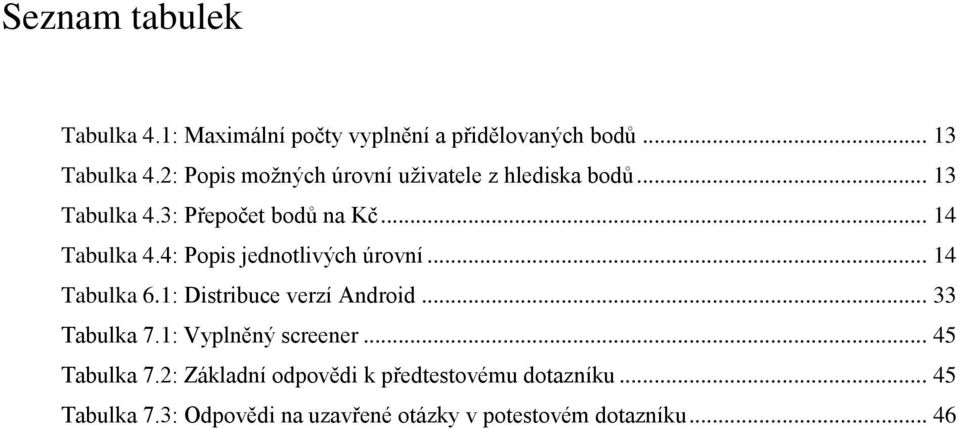 4: Popis jednotlivých úrovní... 14 Tabulka 6.1: Distribuce verzí Android... 33 Tabulka 7.1: Vyplněný screener.