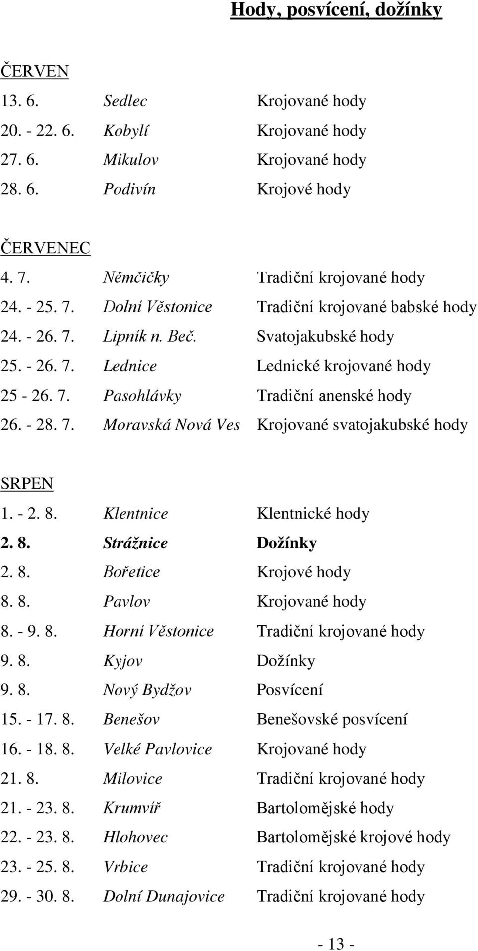 - 28. 7. Moravská Nová Ves Krojované svatojakubské hody SRPEN 1. - 2. 8. Klentnice Klentnické hody 2. 8. Strážnice Dožínky 2. 8. Bořetice Krojové hody 8. 8. Pavlov Krojované hody 8. - 9. 8. Horní Věstonice Tradiční krojované hody 9.