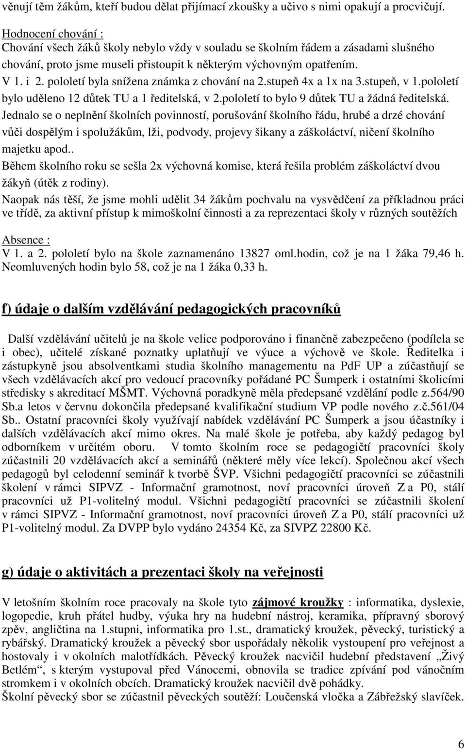 pololetí byla snížena známka z chování na 2.stupeň 4x a 1x na 3.stupeň, v 1.pololetí bylo uděleno 12 důtek TU a 1 ředitelská, v 2.pololetí to bylo 9 důtek TU a žádná ředitelská.