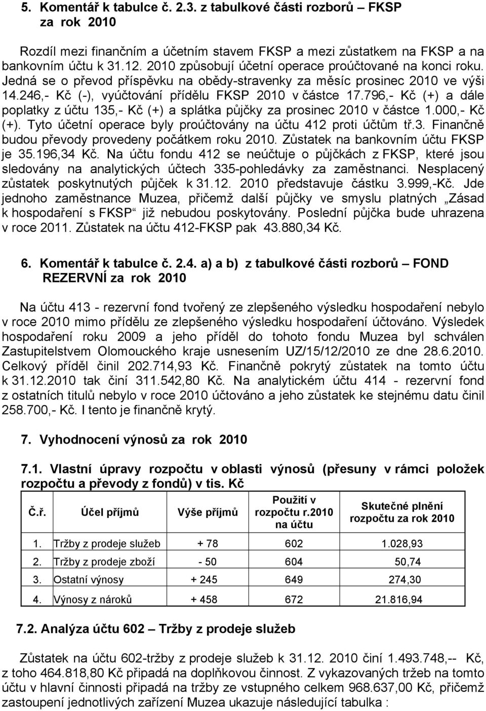 796,- Kč (+) a dále poplatky z účtu 135,- Kč (+) a splátka půjčky za prosinec 2010 v částce 1.000,- Kč (+). Tyto účetní operace byly proúčtovány na účtu 412 proti účtům tř.3. Finančně budou převody provedeny počátkem roku 2010.