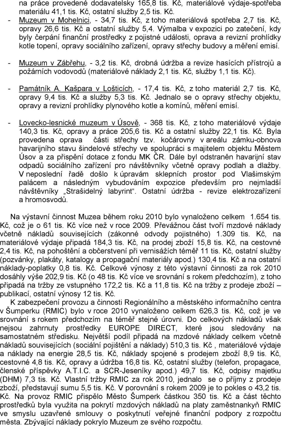 Výmalba v expozici po zatečení, kdy byly čerpání finanční prostředky z pojistné události, oprava a revizní prohlídky kotle topení, opravy sociálního zařízení, opravy střechy budovy a měření emisí.