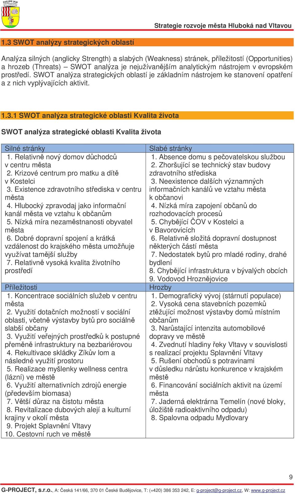 1 SWOT analýza strategické oblasti SWOT analýza strategické oblasti Silné stránky 1. Relativn nový domov dchodc v centru msta 2. Krizové centrum pro matku a dít v Kostelci 3.