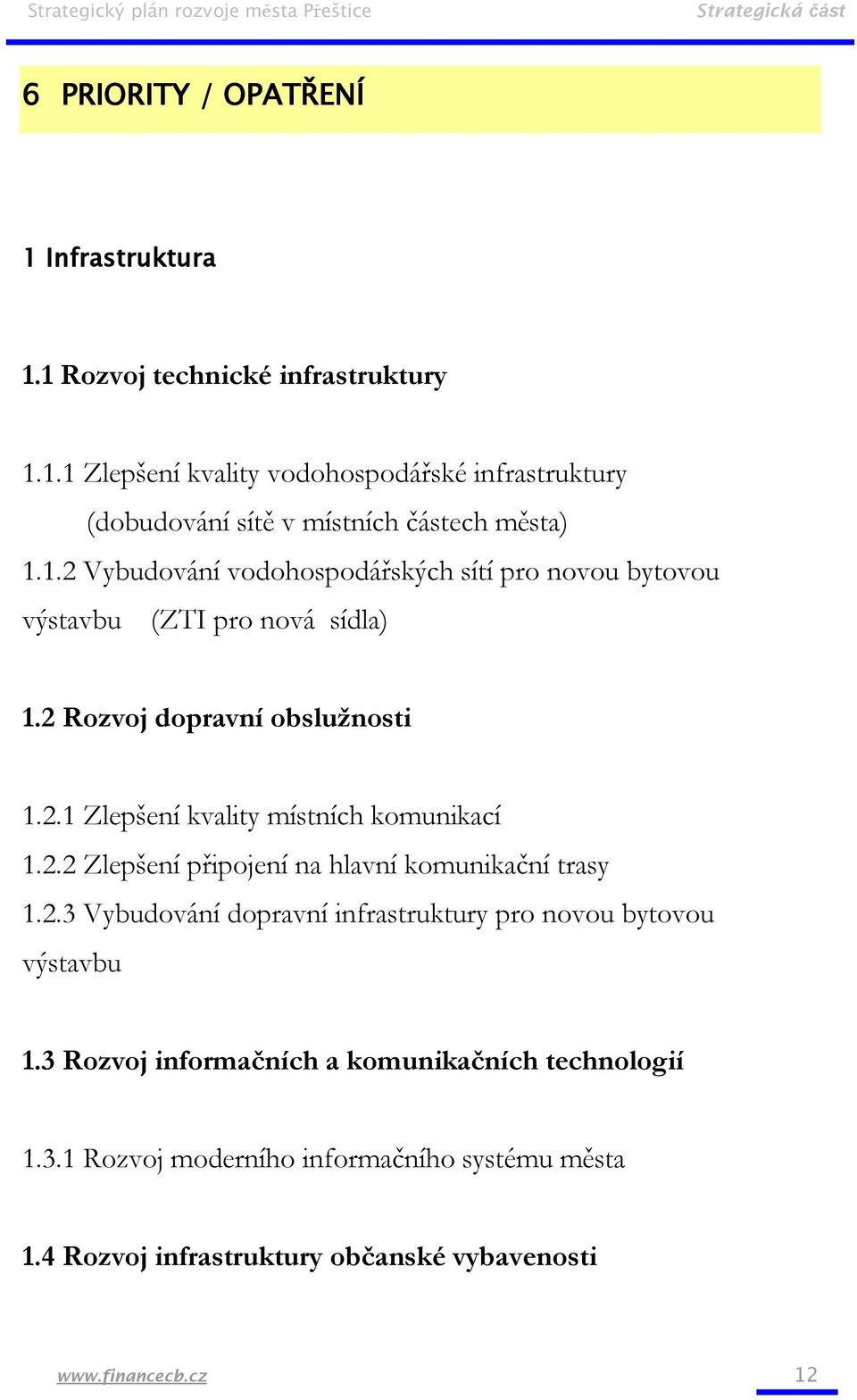 2.2 Zlepšení připojení na hlavní komunikační trasy 1.2.3 Vybudování dopravní infrastruktury pro novou bytovou výstavbu 1.