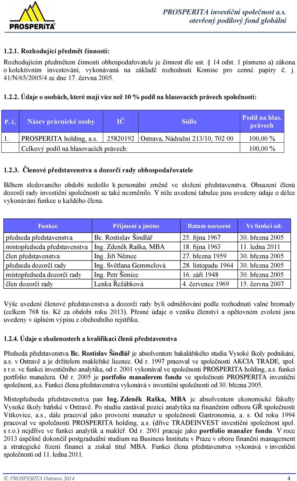 05/4 ze dne 17. června 2005. 1.2.2. Údaje o osobách, které mají více než 10 % podíl na hlasovacích právech společnosti: P. č. Název právnické osoby IČ Sídlo Podíl na hlas. právech 1.