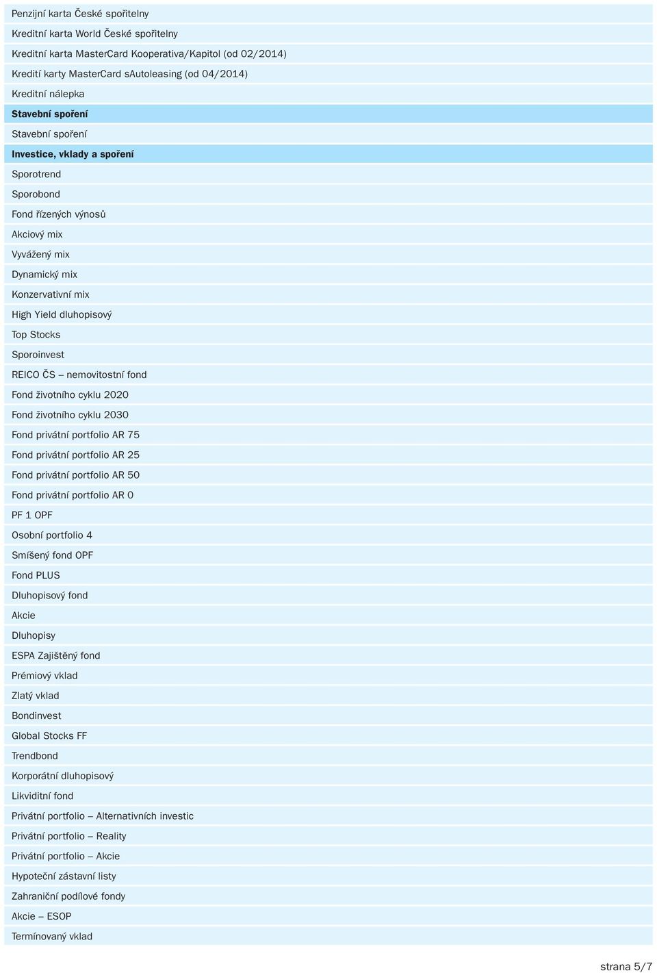 Sporoinvest REICO ČS nemovitostní fond Fond životního cyklu 2020 Fond životního cyklu 2030 Fond privátní portfolio AR 75 Fond privátní portfolio AR 25 Fond privátní portfolio AR 50 Fond privátní