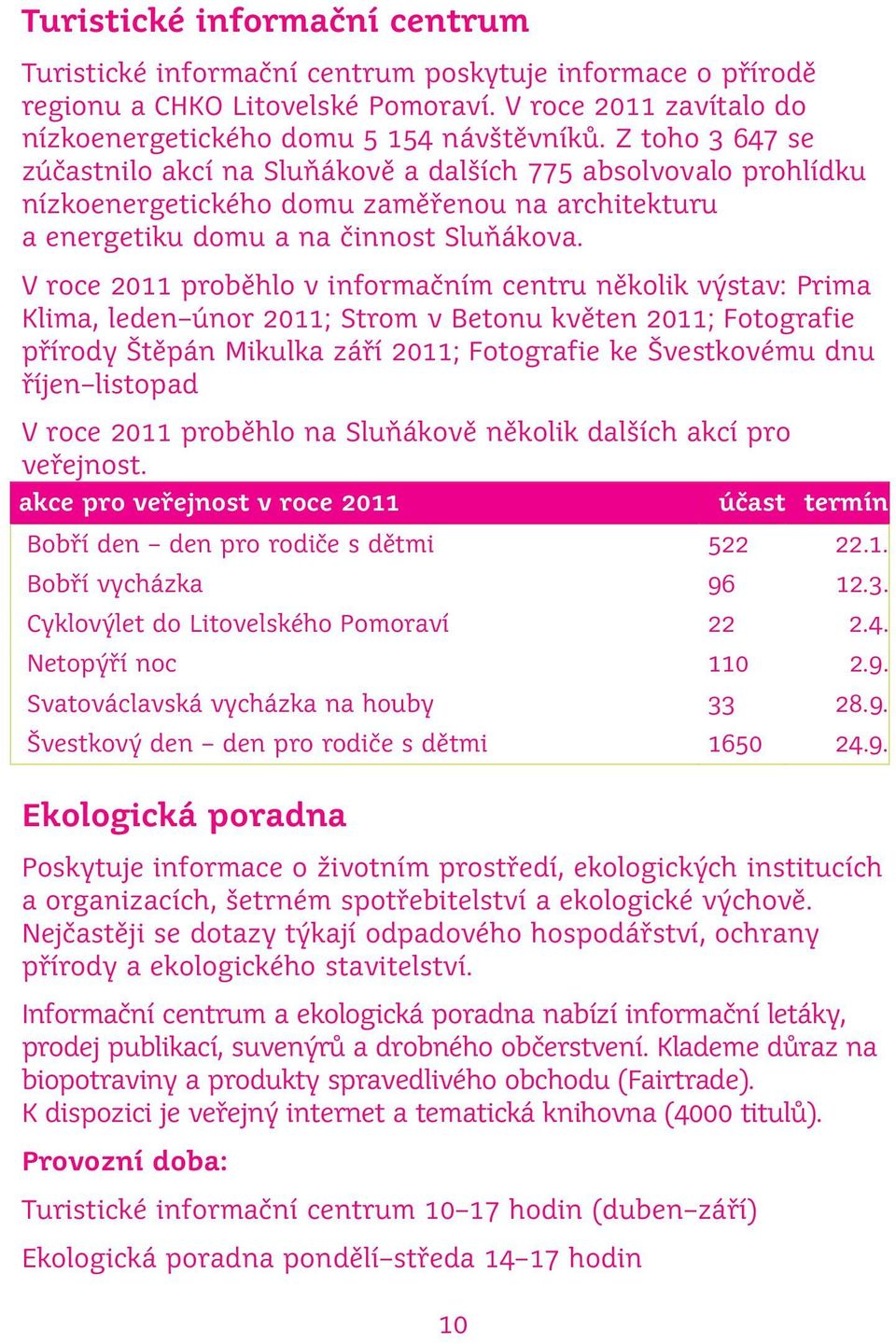 V roce 2011 proběhlo v informačním centru několik výstav: Prima Klima, leden únor 2011; Strom v Betonu květen 2011; Fotografie přírody Štěpán Mikulka září 2011; Fotografie ke Švestkovému dnu říjen