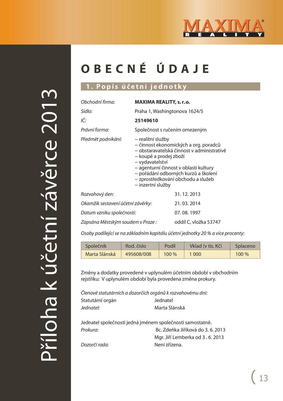 služby Rozvahový den: 31. 12. 2013 Okamžik sestavení účetní závěrky: 21. 03. 2014 Datum vzniku společnosti: 07. 08.