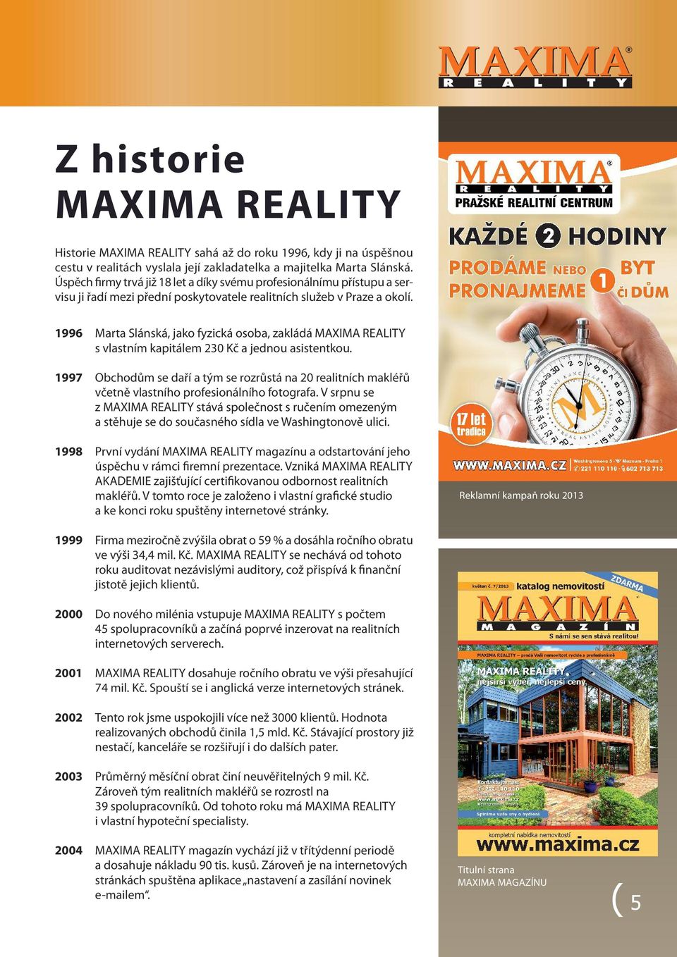 1996 Marta Slánská, jako fyzická osoba, zakládá MaXIMa reality s vlastním kapitálem 230 Kč a jednou asistentkou.