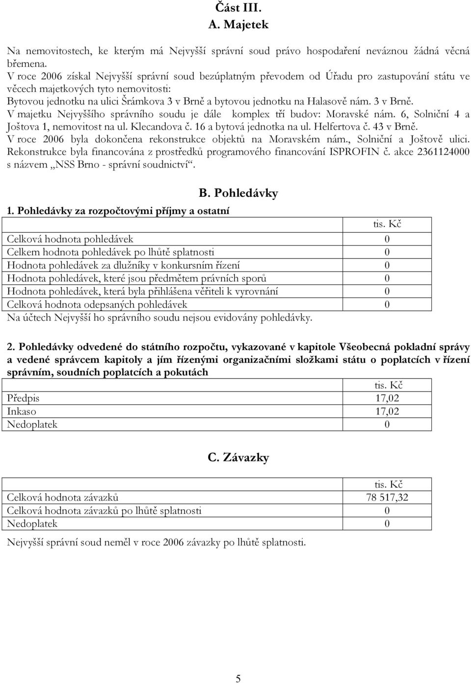 Halasově nám. 3 v Brně. V majetku Nejvyššího správního soudu je dále komplex tří budov: Moravské nám. 6, Solniční 4 a Joštova 1, nemovitost na ul. Klecandova č. 16 a bytová jednotka na ul.