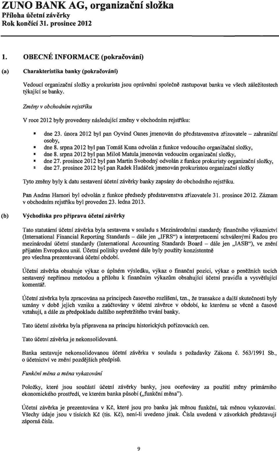 února 2012 byl pan Oyvind Oanes jmenován do představenstva zřizovatel e - zahraniční osoby, dne 8. srpna 2012 byl pan Tomáš Kuna odvolán z funkce vedoucího organižační složky, dne 8.