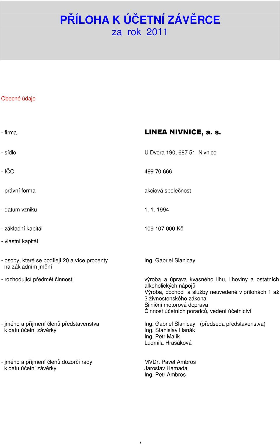 Gabriel Slanicay na základním jmění - rozhodující předmět činnosti výroba a úprava kvasného lihu, lihoviny a ostatních alkoholických nápojů Výroba, obchod a služby neuvedené v přílohách 1 až 3