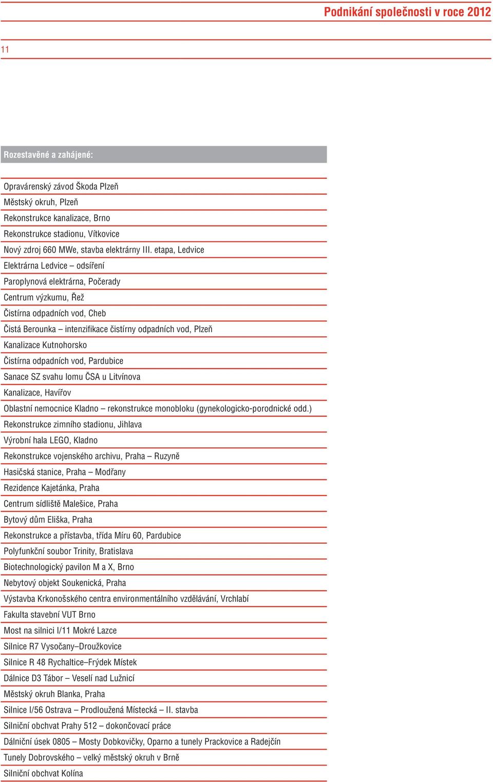 etapa, Ledvice Elektrárna Ledvice odsíření Paroplynová elektrárna, Počerady Centrum výzkumu, Řež Čistírna odpadních vod, Cheb Čistá Berounka intenzifikace čistírny odpadních vod, Plzeň Kanalizace