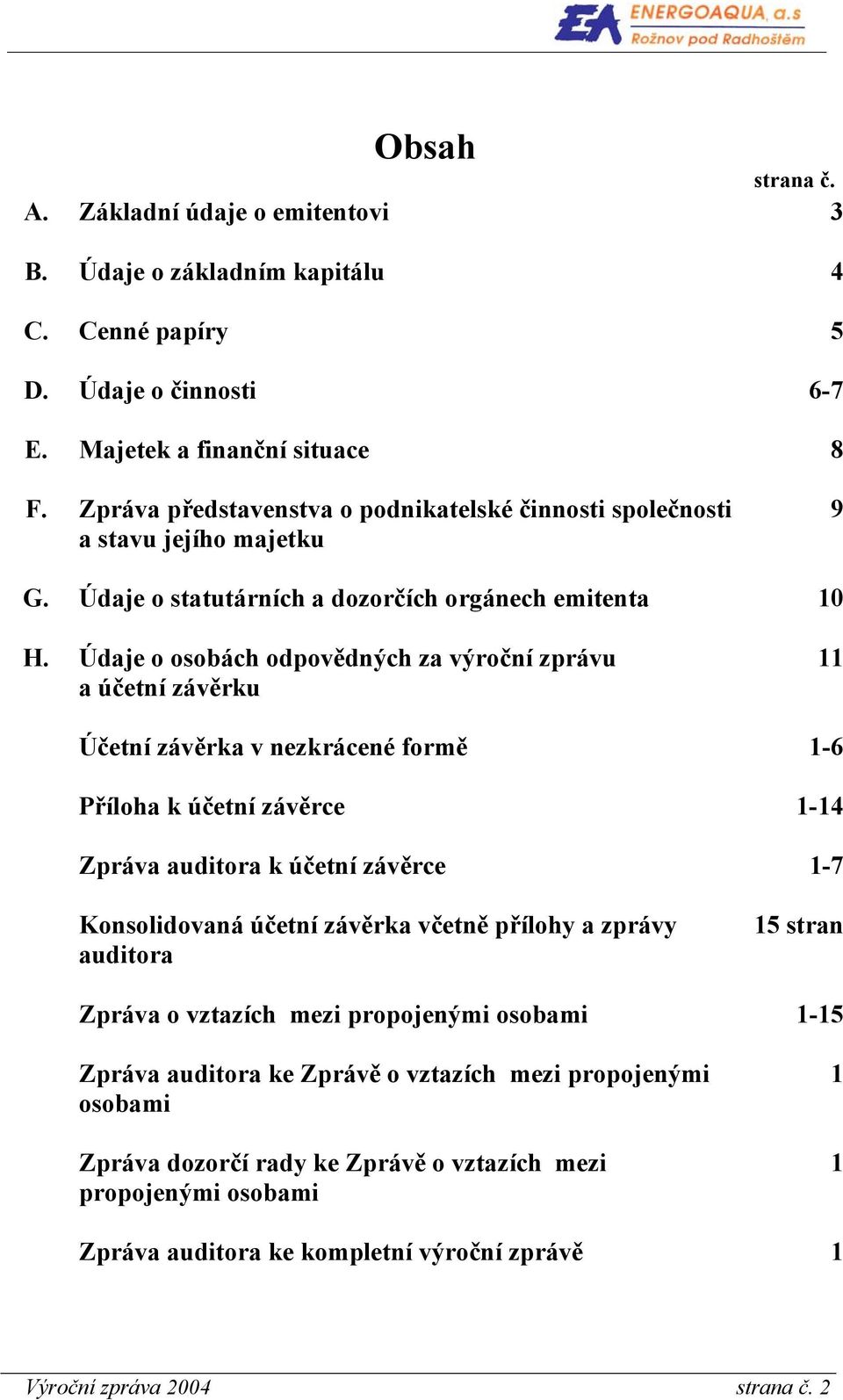 Údaje o osobách odpovědných za výroční zprávu a účetní závěrku 11 Účetní závěrka v nezkrácené formě 1-6 Příloha k účetní závěrce 1-14 Zpráva auditora k účetní závěrce 1-7 Konsolidovaná účetní závěrka