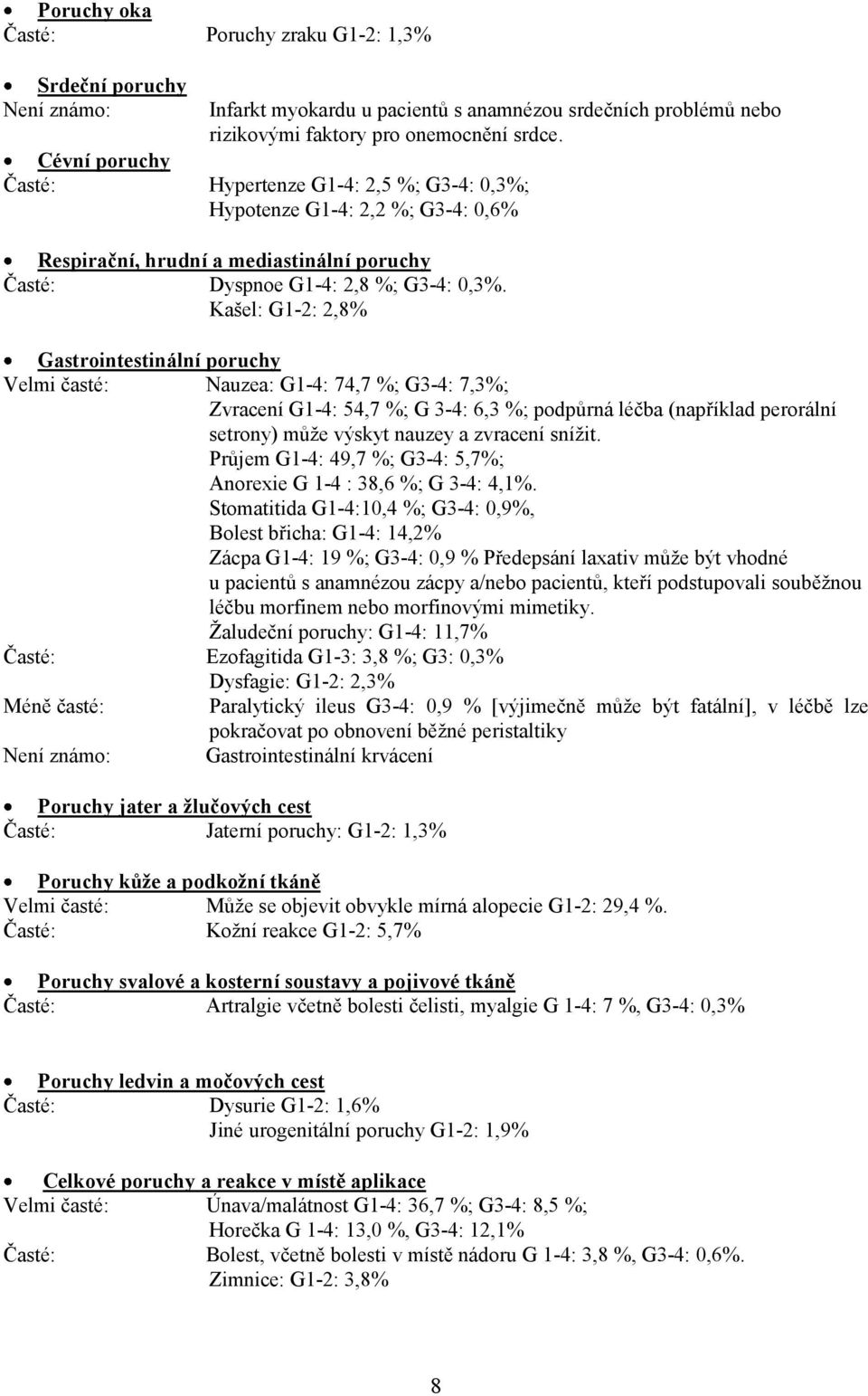 Kašel: G1-2: 2,8% Gastrointestinální poruchy Velmi časté: Nauzea: G1-4: 74,7 %; G3-4: 7,3%; Zvracení G1-4: 54,7 %; G 3-4: 6,3 %; podpůrná léčba (například perorální setrony) může výskyt nauzey a