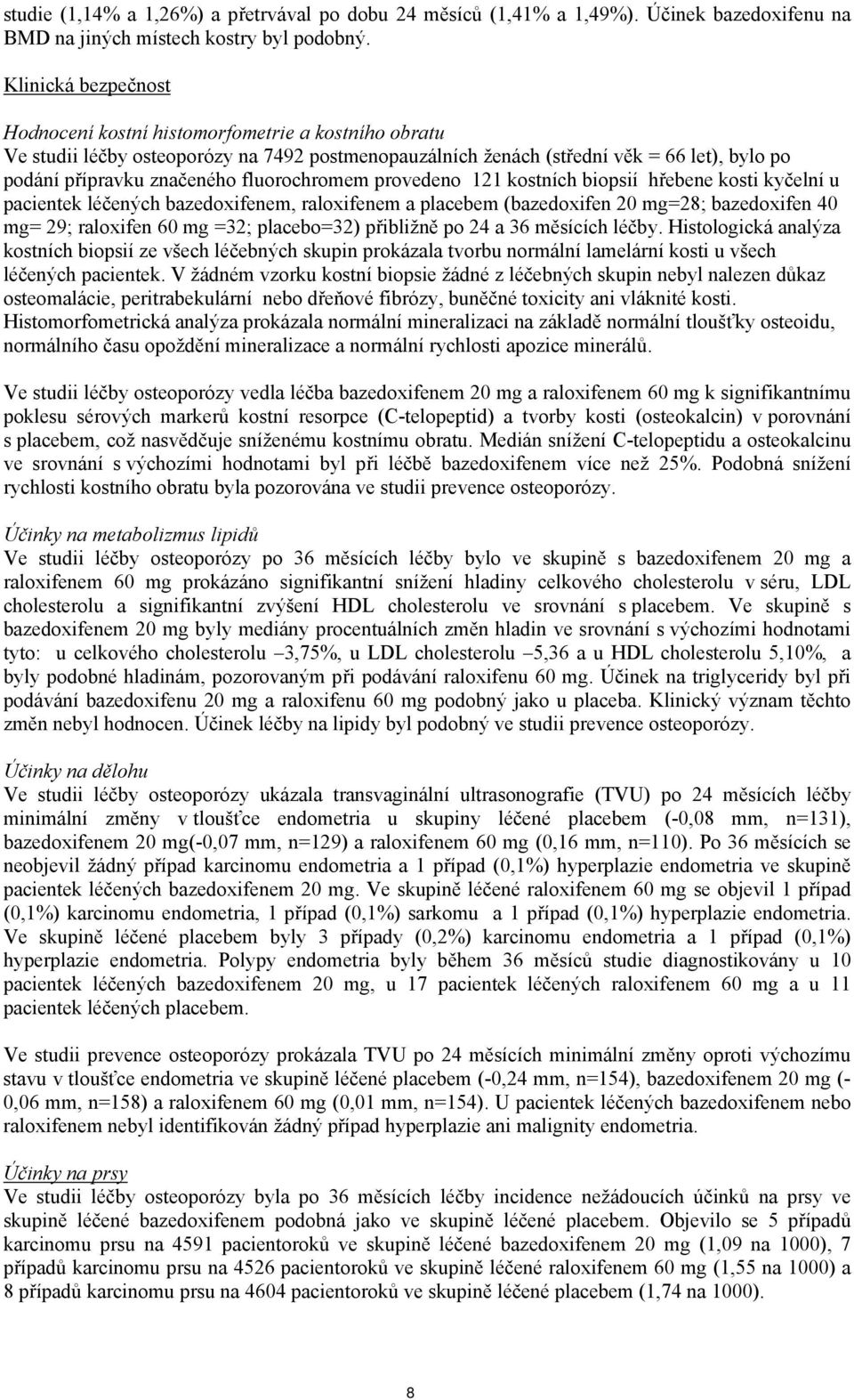 fluorochromem provedeno 121 kostních biopsií hřebene kosti kyčelní u pacientek léčených bazedoxifenem, raloxifenem a placebem (bazedoxifen 20 mg=28; bazedoxifen 40 mg= 29; raloxifen 60 mg =32;