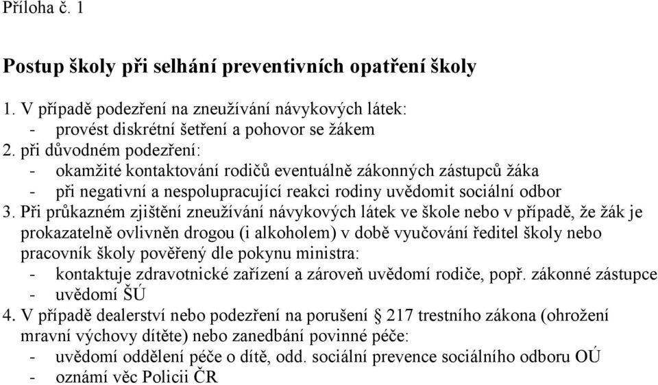 Při průkazném zjištění zneužívání návykových látek ve škole nebo v případě, že žák je prokazatelně ovlivněn drogou (i alkoholem) v době vyučování ředitel školy nebo pracovník školy pověřený dle