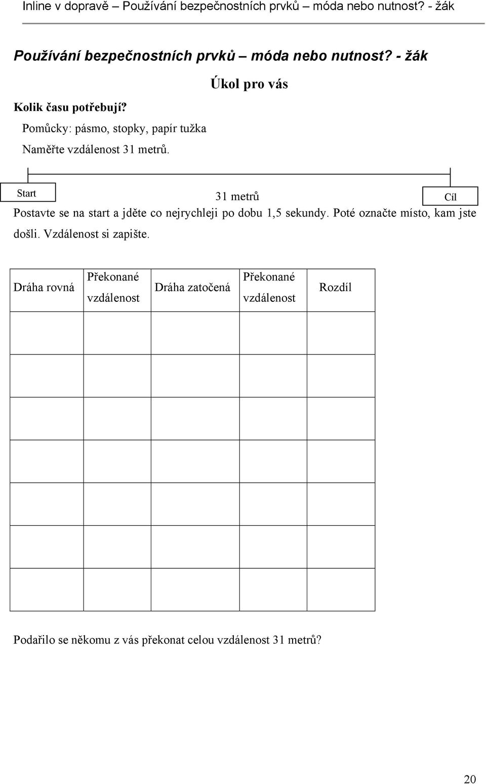 Start 31 metrů Cíl Postavte se na start a jděte co nejrychleji po dobu 1,5 sekundy. Poté označte místo, kam jste došli.