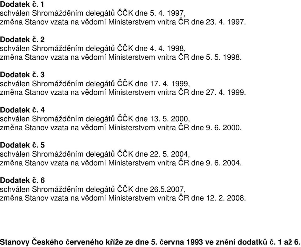 5. 2000, změna Stanov vzata na vědomí Ministerstvem vnitra ČR dne 9. 6. 2000. Dodatek č. 5 schválen Shromážděním delegátů ČČK dne 22. 5. 2004, změna Stanov vzata na vědomí Ministerstvem vnitra ČR dne 9.