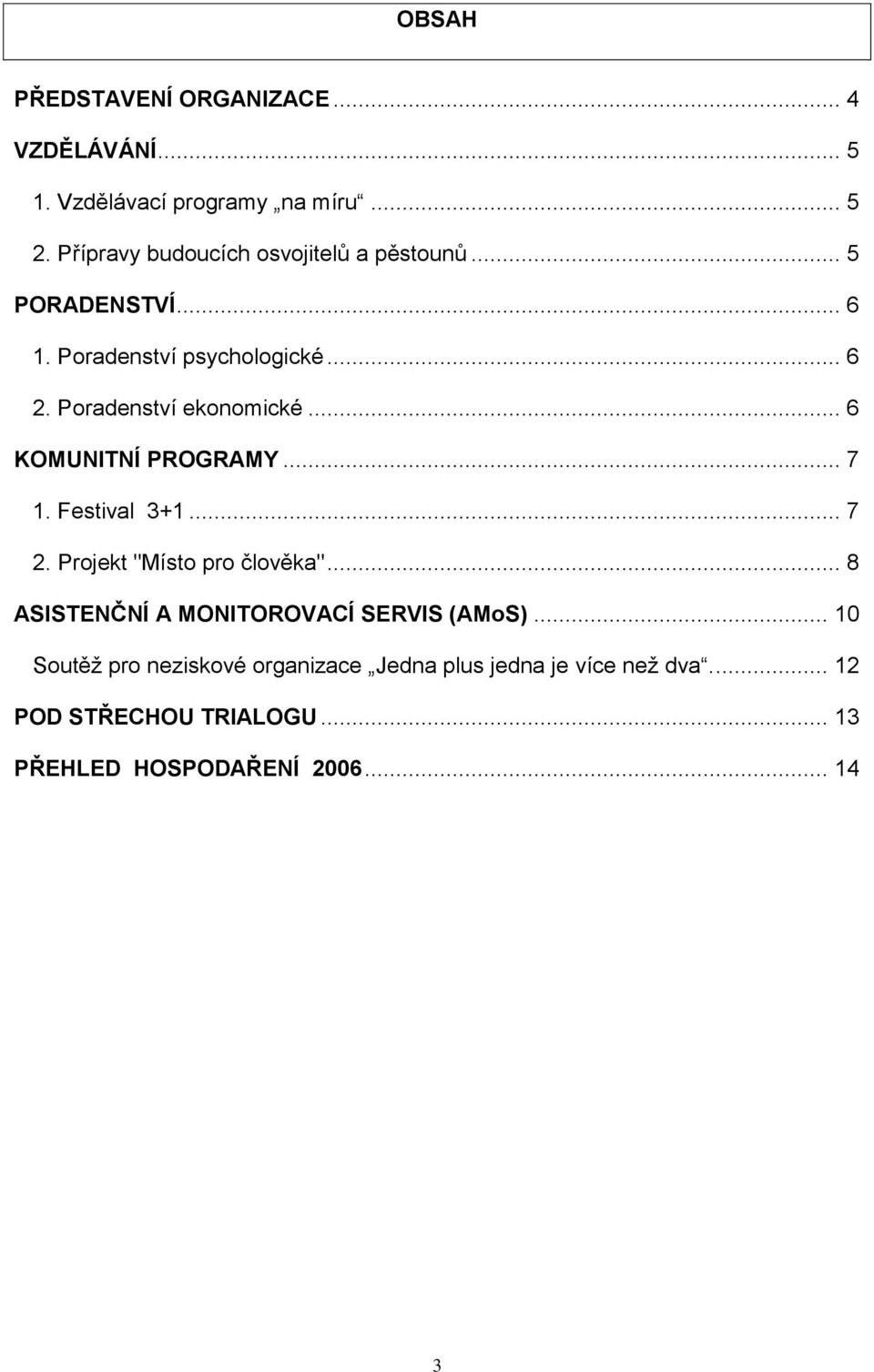 Poradenství ekonomické... 6 KOMUNITNÍ PROGRAMY... 7 1. Festival 3+1... 7 2. Projekt "Místo pro člověka".