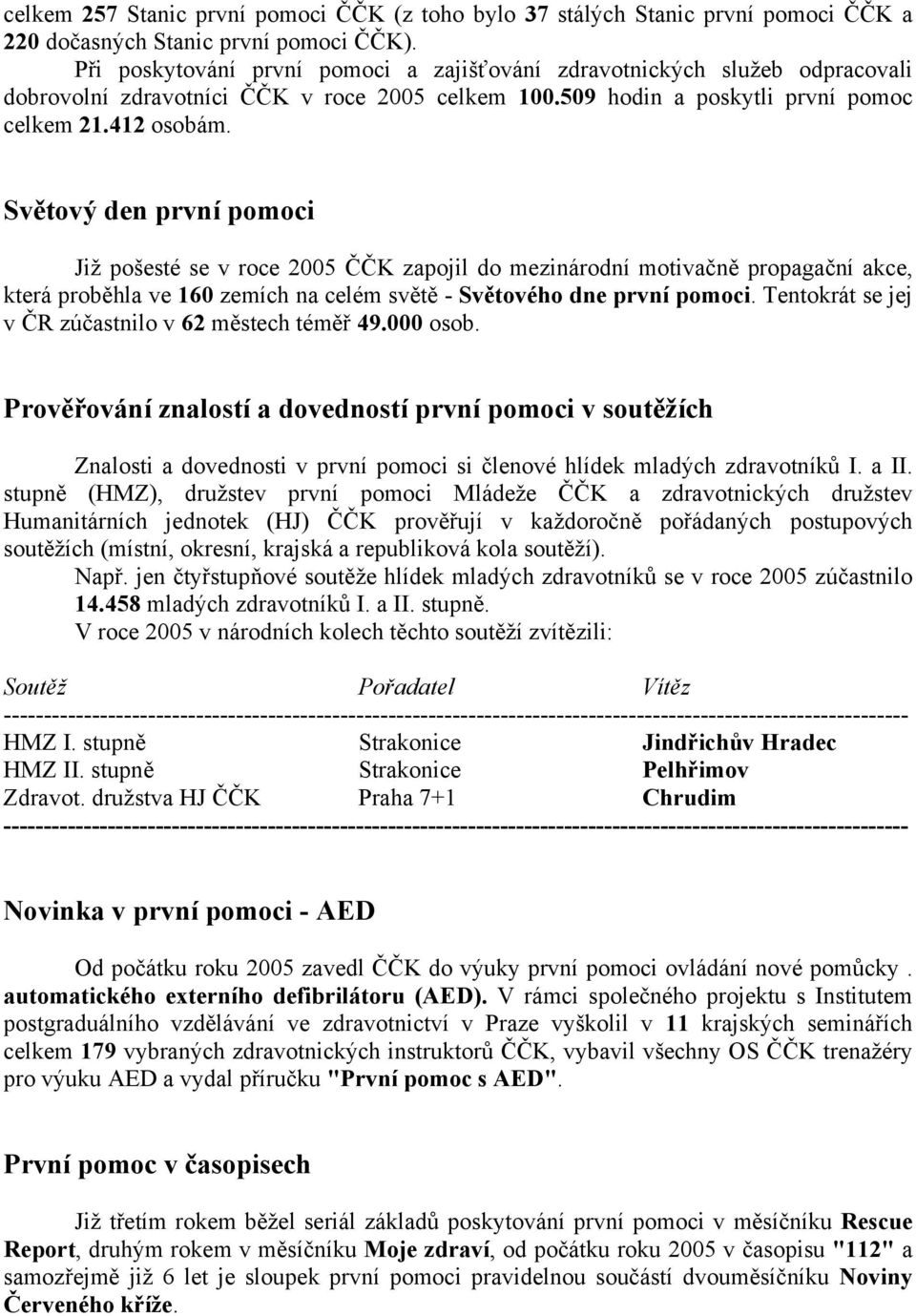 Světový den první pomoci Již pošesté se v roce 2005 ČČK zapojil do mezinárodní motivačně propagační akce, která proběhla ve 160 zemích na celém světě - Světového dne první pomoci.