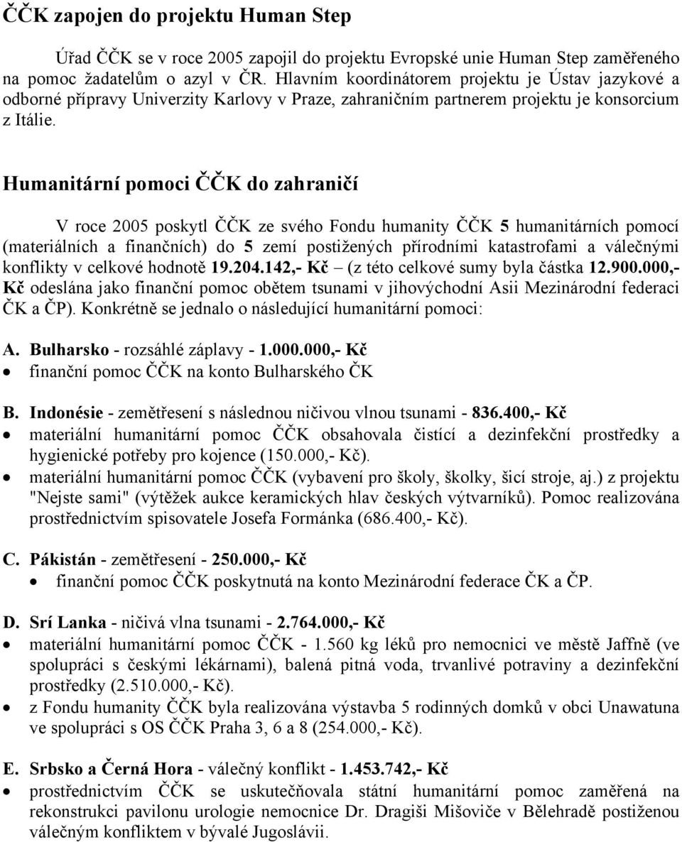 Humanitární pomoci ČČK do zahraničí V roce 2005 poskytl ČČK ze svého Fondu humanity ČČK 5 humanitárních pomocí (materiálních a finančních) do 5 zemí postižených přírodními katastrofami a válečnými