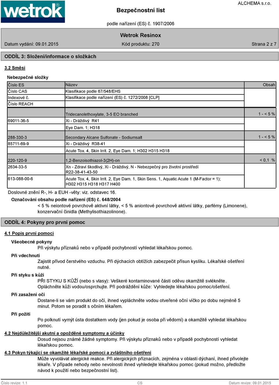 1; H318 Obsah 1 - < 5 % 288-330-3 Secondary Alcane Sulfonate - Sodiumsalt 1 - < 5 % 85711-69-9 Xi - Dráždivý R38-41 Acute Tox. 4, Skin Irrit. 2, Eye Dam.