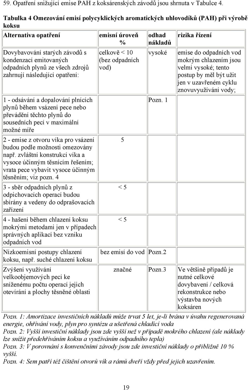 zahrnují následující opatření: 1 - odsávání a dopalování plnících plynů během vsázení pece nebo převádění těchto plynů do sousedních pecí v maximální možné míře 2 - emise z otvoru víka pro vsázení