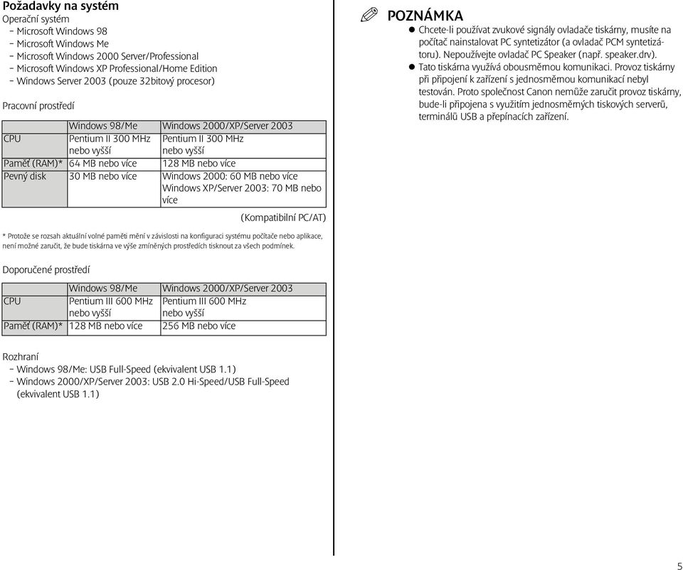 disk 30 MB nebo více Windows 2000: 60 MB nebo více Windows XP/Server 2003: 70 MB nebo více (Kompatibilní PC/AT) POZNÁMKA Chcete-li používat zvukové signály ovladače tiskárny, musíte na počítač