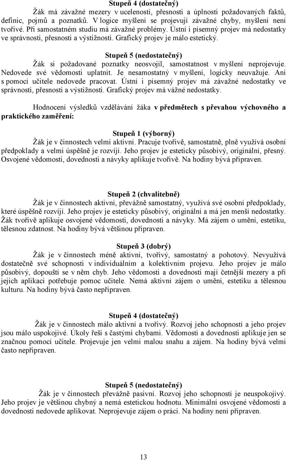 Stupeň 5 (nedostatečný) Žák si požadované poznatky neosvojil, samostatnost v myšlení neprojevuje. Nedovede své vědomosti uplatnit. Je nesamostatný v myšlení, logicky neuvažuje.