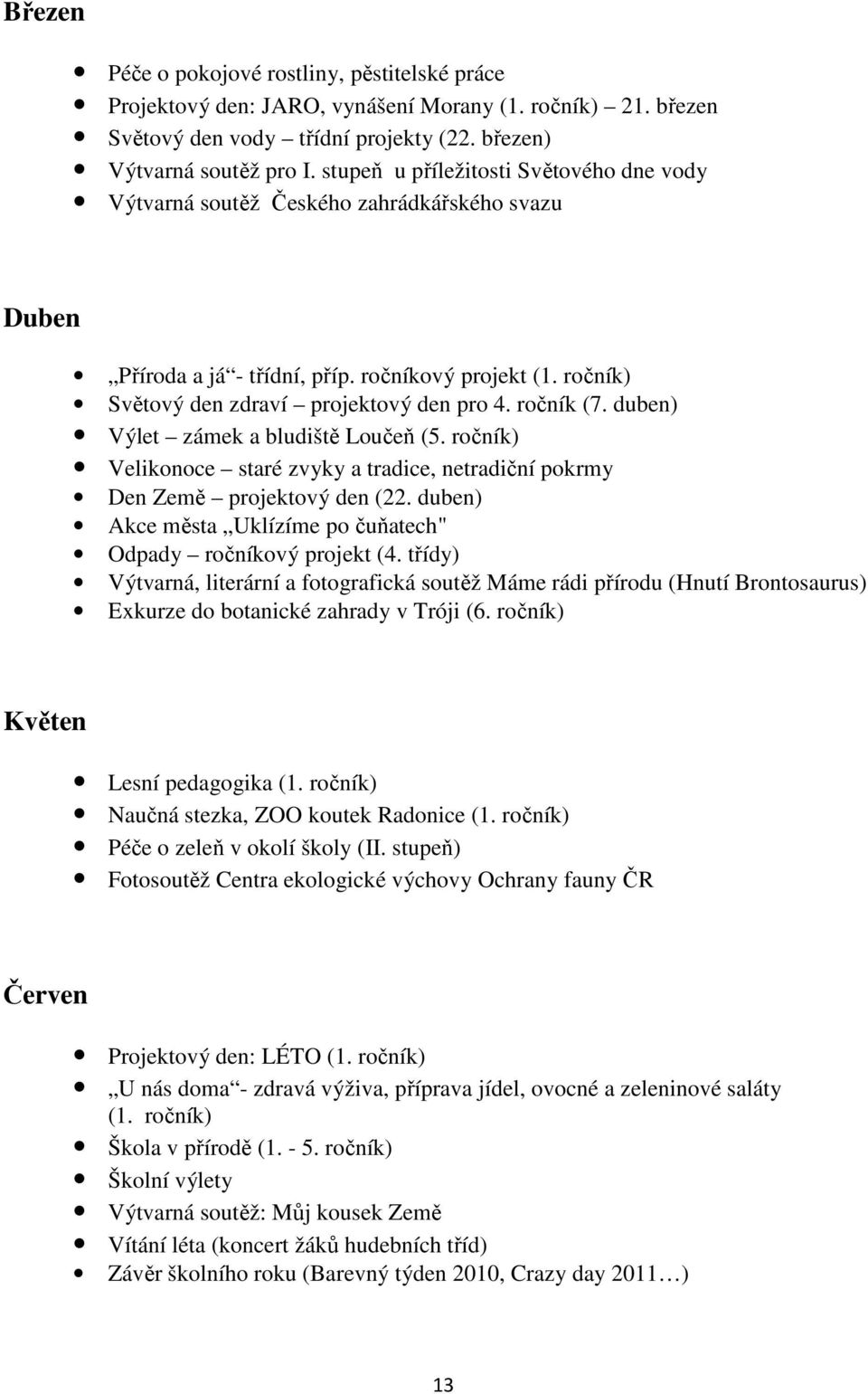 ročník (7. duben) Výlet zámek a bludiště Loučeň (5. ročník) Velikonoce staré zvyky a tradice, netradiční pokrmy Den Země projektový den (22.