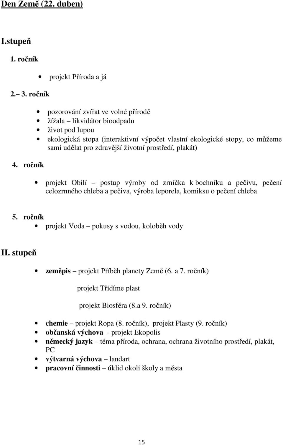 zdravější životní prostředí, plakát) projekt Obilí postup výroby od zrníčka k bochníku a pečivu, pečení celozrnného chleba a pečiva, výroba leporela, komiksu o pečení chleba 5.