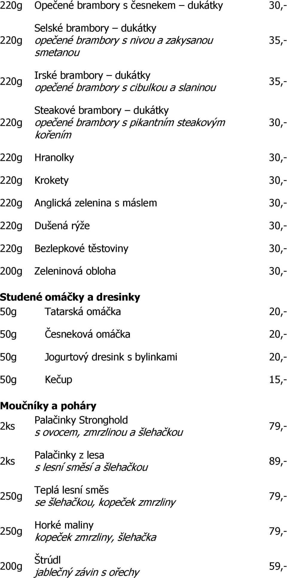 Studené omáčky a dresinky 50g Tatarská omáčka 20,- 50g Česneková omáčka 20,- 50g Jogurtový dresink s bylinkami 20,- 50g Kečup 15,- Moučníky a poháry Palačinky Stronghold 2ks s ovocem, zmrzlinou a