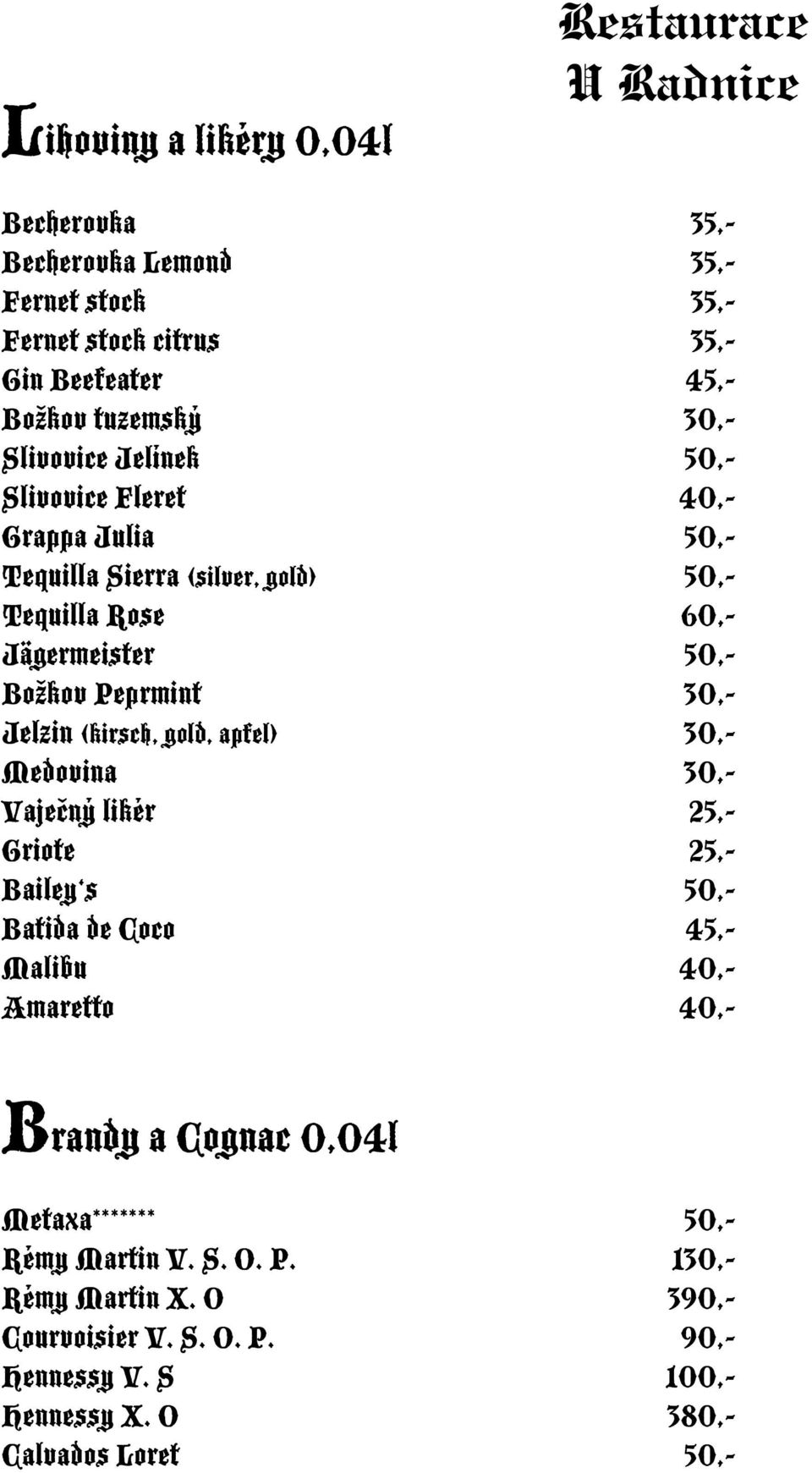 (kirsch, gold, apfel) 30,- Medovina 30,- Vaječný likér 25,- Griote 25,- Bailey s 50,- Batida de Coco 45,- Malibu 40,- Amaretto 40,- Brandy a Cognac 0,04l