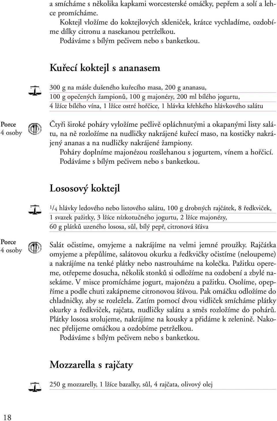 Kuřecí koktejl s ananasem 300 g na másle dušeného kuřecího masa, 200 g ananasu, 100 g opečených žampionů, 100 g majonézy, 200 ml bílého jogurtu, 4 lžíce bílého vína, 1 lžíce ostré hořčice, 1 hlávka