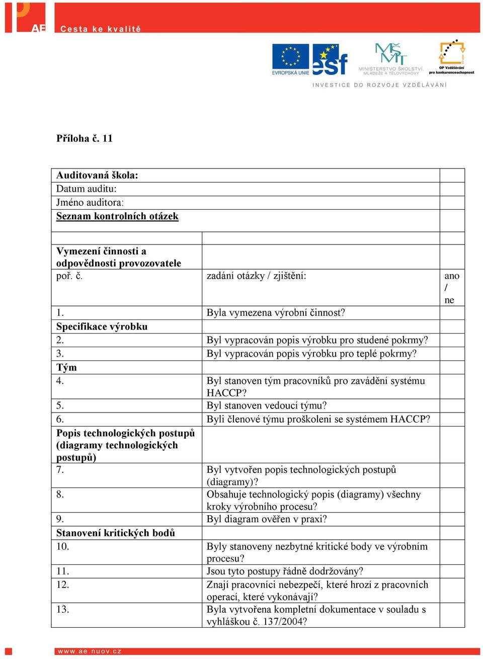 Byl stanoven tým pracovníků pro zavádění systému HACCP? 5. Byl stanoven vedoucí týmu? 6. Byli členové týmu proškoleni se systémem HACCP?