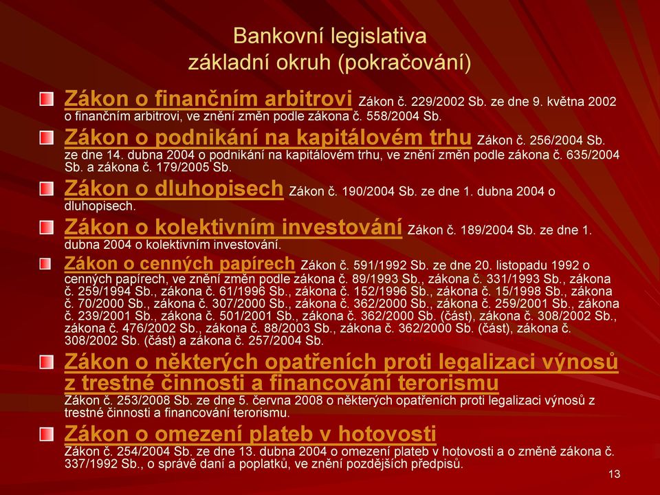 Zákon o dluhopisech Zákon č. 190/2004 Sb. ze dne 1. dubna 2004 o dluhopisech. Zákon o kolektivním investování Zákon č. 189/2004 Sb. ze dne 1. dubna 2004 o kolektivním investování.