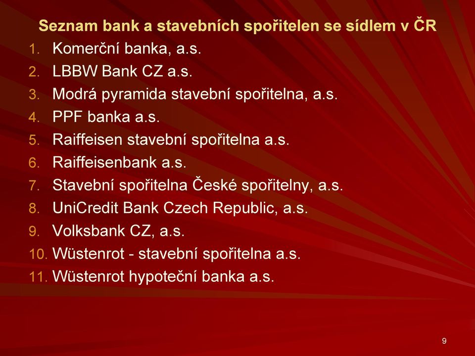 Raiffeisenbank a.s. 7. Stavební spořitelna České spořitelny, a.s. 8.