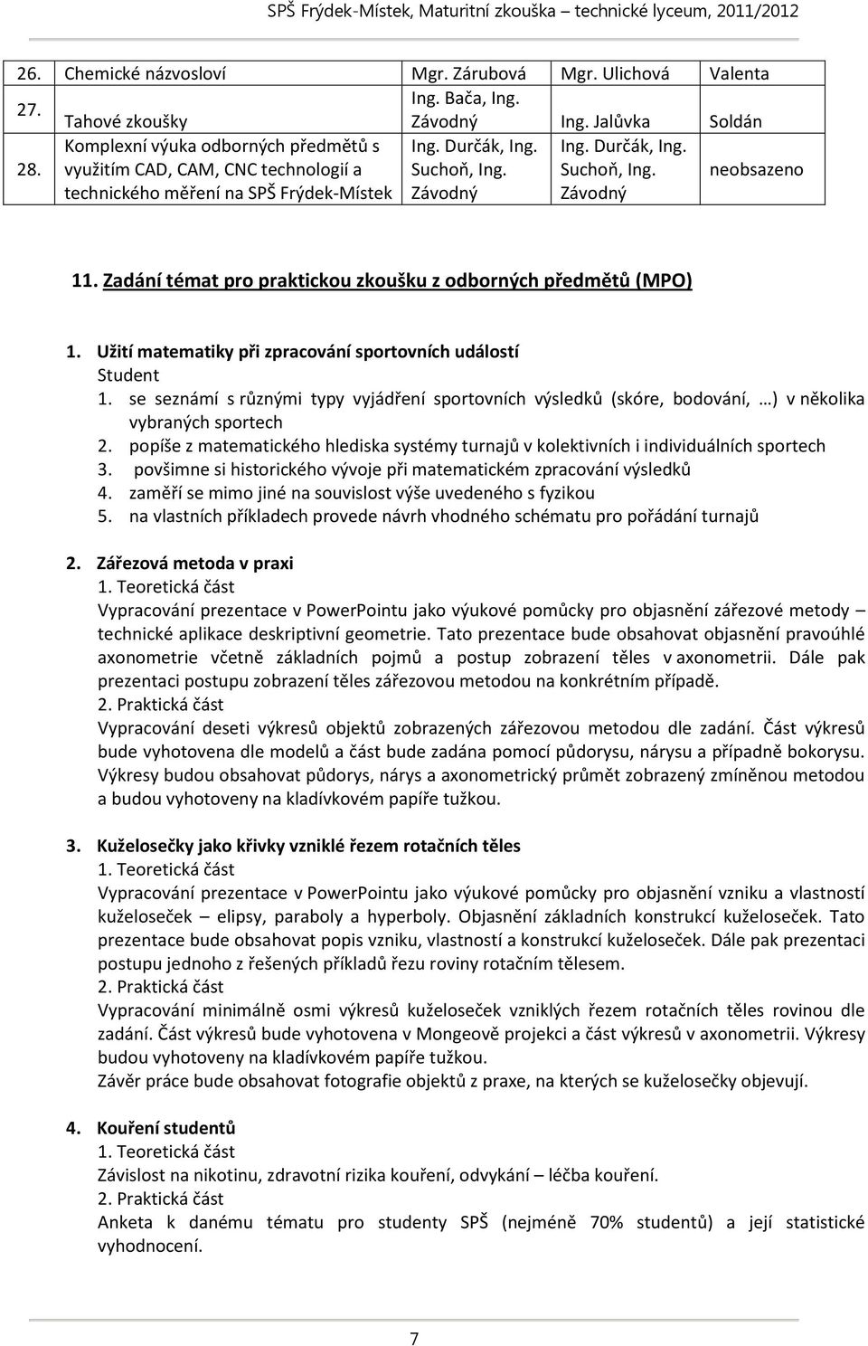 Zadání témat pro praktickou zkoušku z odborných předmětů (MPO) 1. Užití matematiky při zpracování sportovních událostí Student 1.