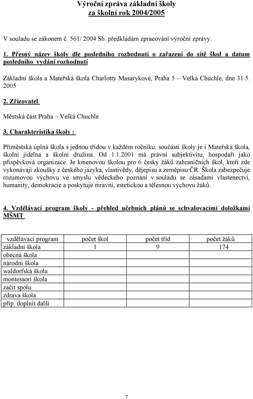 Zřizovatel Městská část Praha Velká Chuchle 3. Charakteristika školy : Příměstská úplná škola s jednou třídou v každém ročníku, součástí školy je i Mateřská škola, školní jídelna a školní družina.