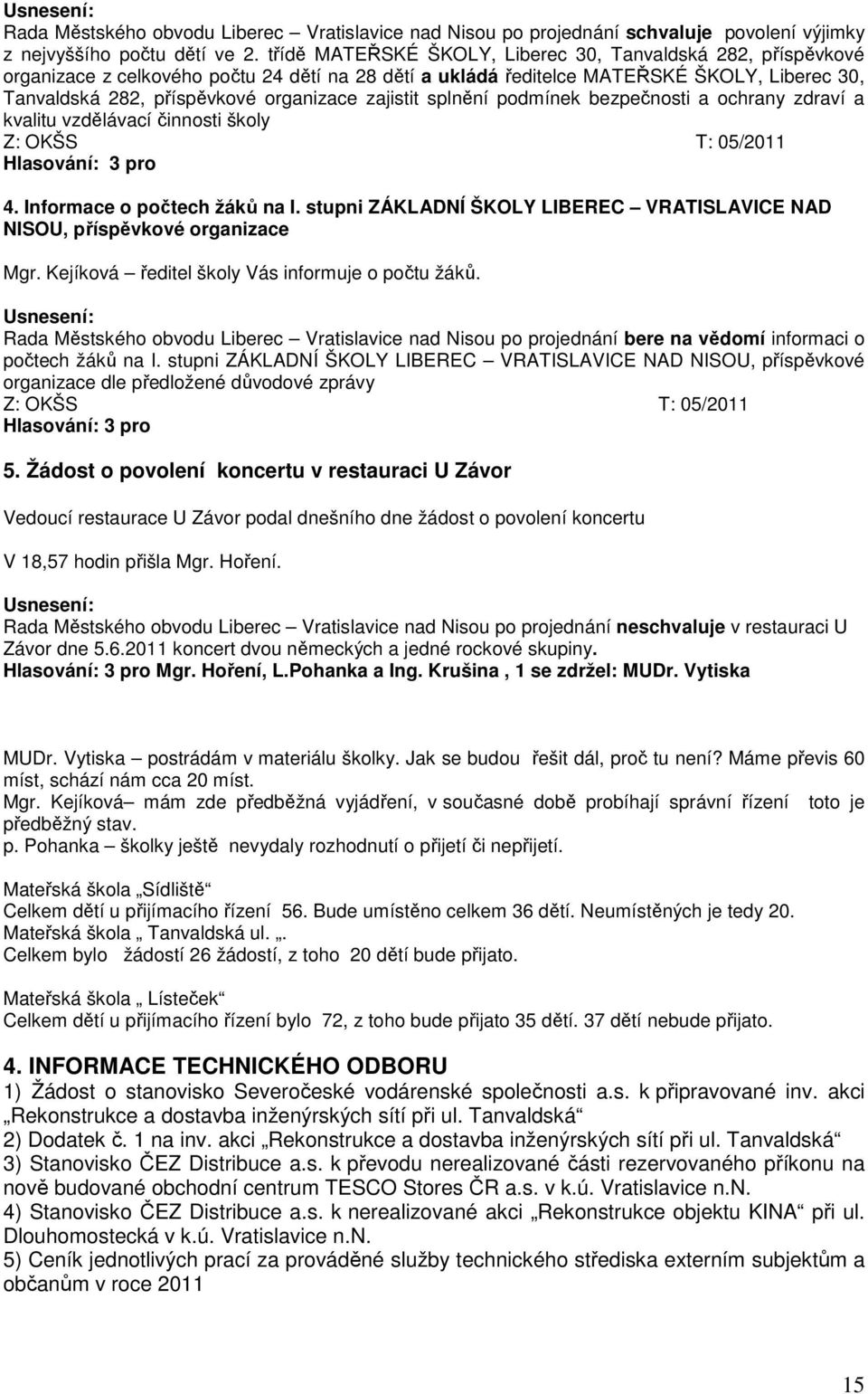 zajistit splnění podmínek bezpečnosti a ochrany zdraví a kvalitu vzdělávací činnosti školy Z: OKŠS T: 05/2011 Hlasování: 3 pro 4. Informace o počtech žáků na I.