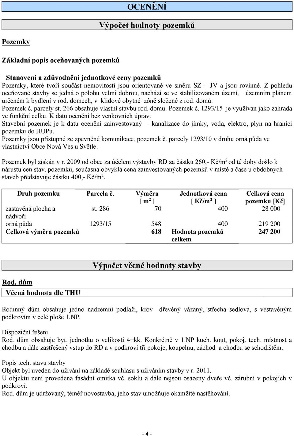 Pozemek č. parcely st. 266 obsahuje vlastní stavbu rod. domu. Pozemek č. 1293/15 je využíván jako zahrada ve funkční celku. K datu ocenění bez venkovních úprav.