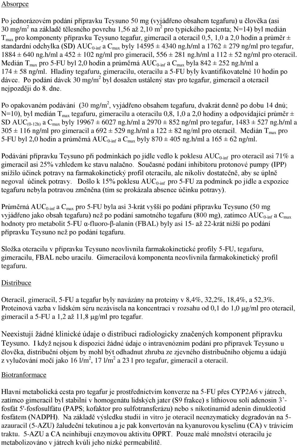 h/ml a 1762 ± 279 ng/ml pro tegafur, 1884 ± 640 ng.h/ml a 452 ± 102 ng/ml pro gimeracil, 556 ± 281 ng.h/ml a 112 ± 52 ng/ml pro oteracil.