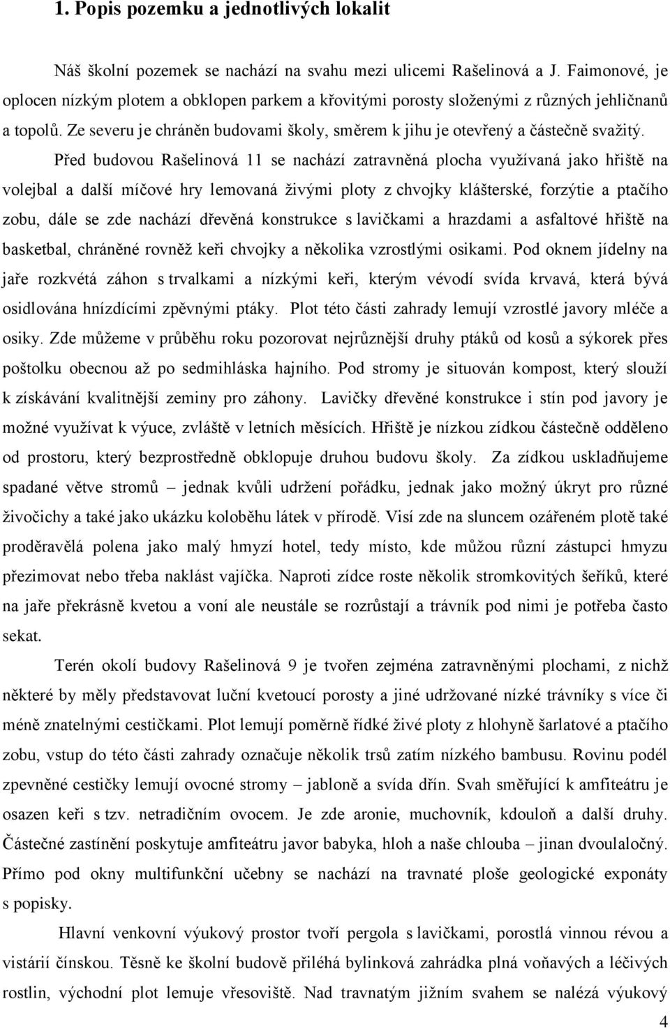 Před budovou Rašelinová 11 se nachází zatravněná plocha vyuţívaná jako hřiště na volejbal a další míčové hry lemovaná ţivými ploty z chvojky klášterské, forzýtie a ptačího zobu, dále se zde nachází