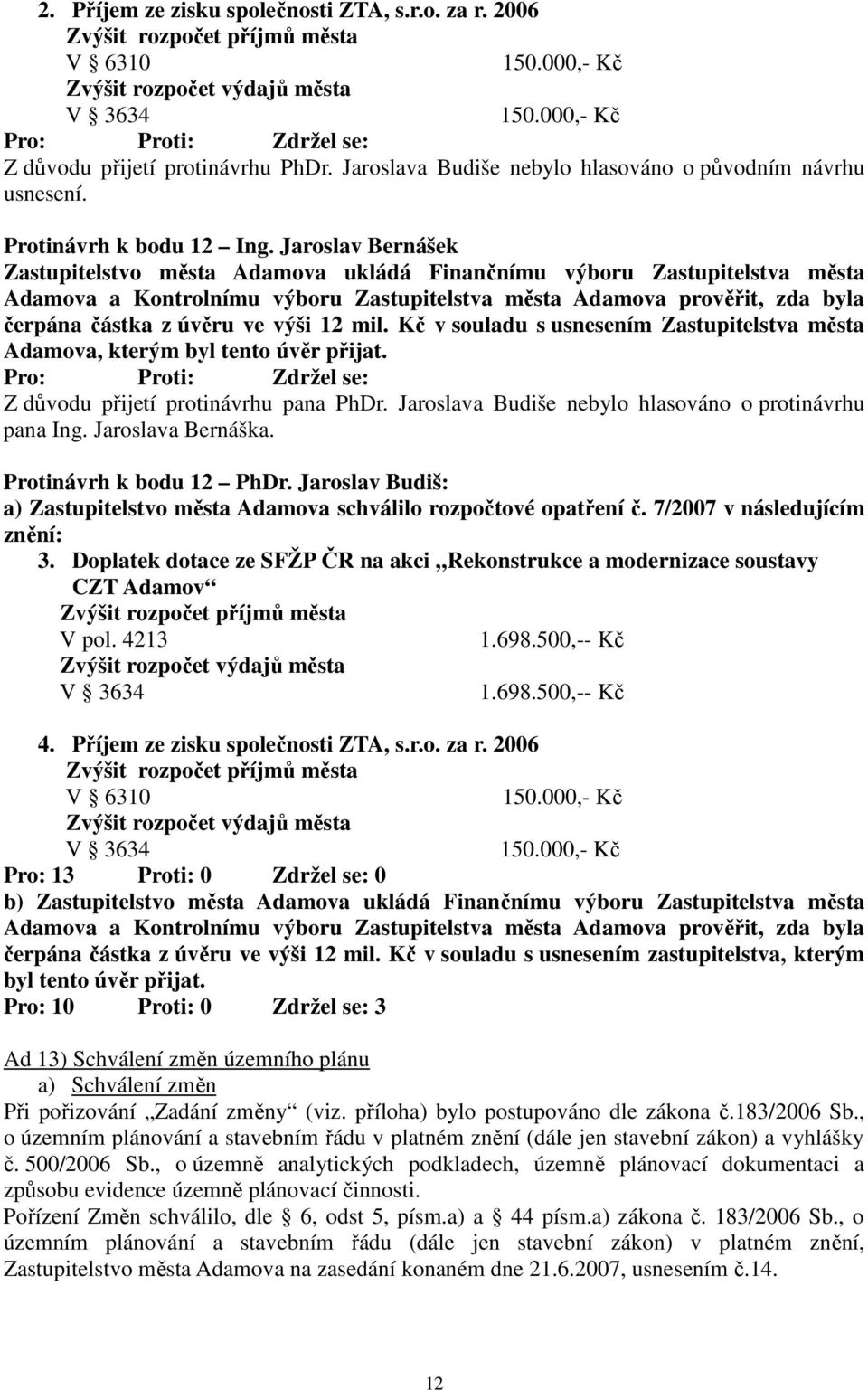 Jaroslav Bernášek Zastupitelstvo města Adamova ukládá Finančnímu výboru Zastupitelstva města Adamova a Kontrolnímu výboru Zastupitelstva města Adamova prověřit, zda byla čerpána částka z úvěru ve